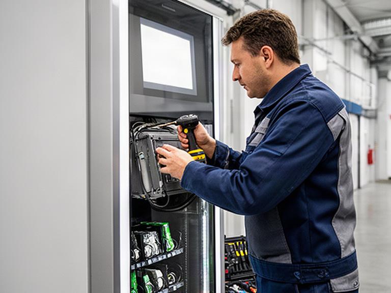 Tecnico che installa e verifica un distributore automatico in un’azienda della Campania