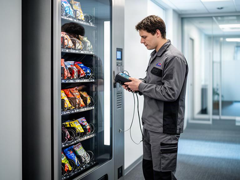 Tecnico che controlla un distributore automatico appena installato in un corridoio aziendale